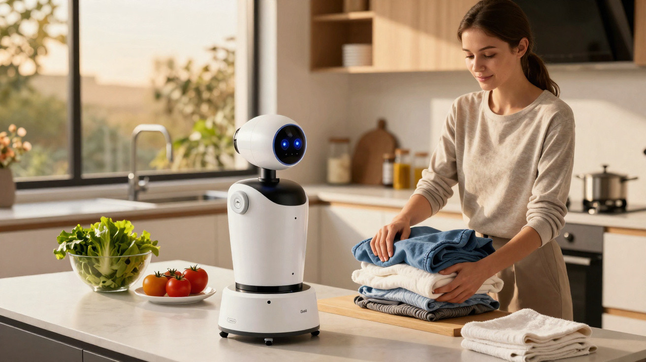 Mulher organizando roupas dobradas em cozinha moderna com robô branco conectado ao lado.