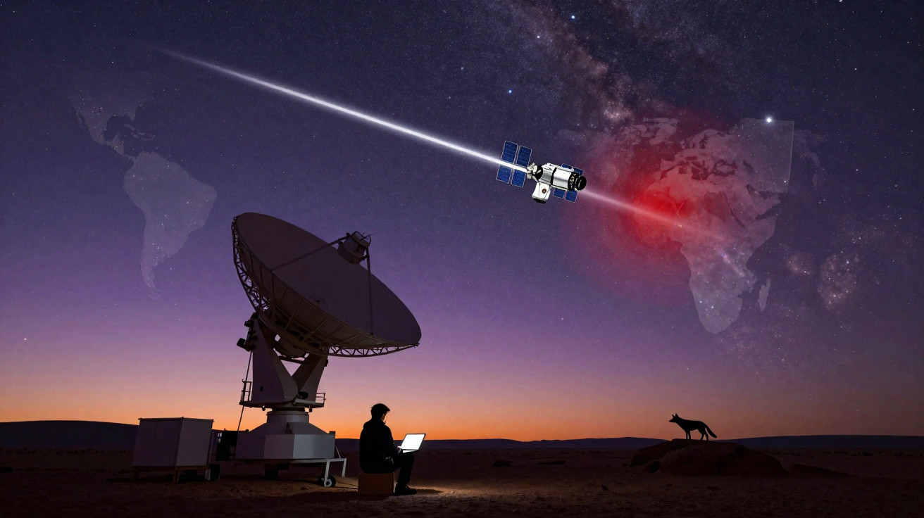 Pessoa usando laptop próxima a antena parabólica sob céu estrelado com satélite e mapa do mundo ao fundo.