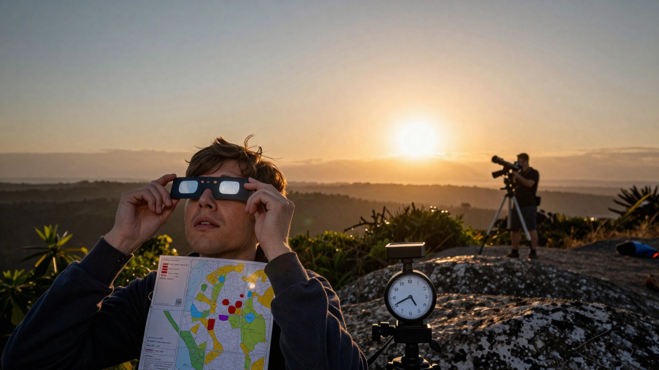 Homem segurando mapa e usando óculos especiais para observar eclipse durante pôr do sol na montanha.