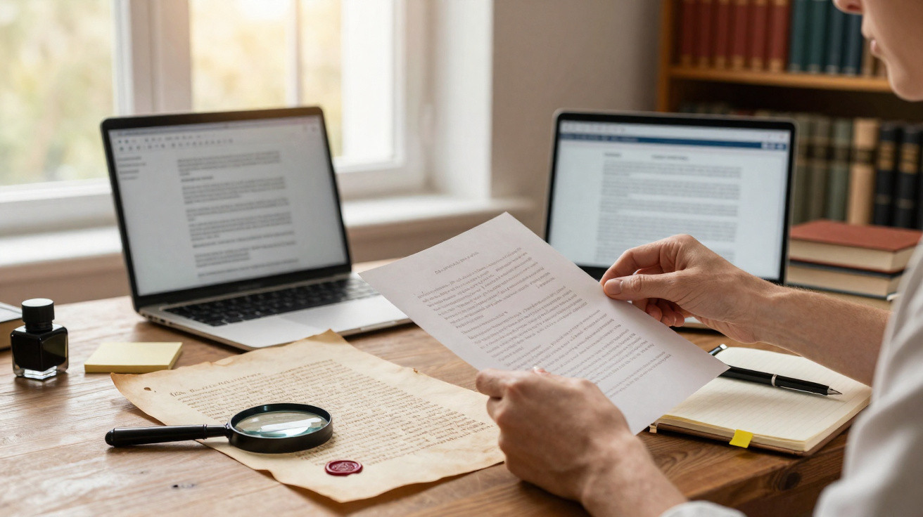 Pessoa revisando documentos impressos, com dois notebooks e livros em uma mesa de madeira perto de uma janela.