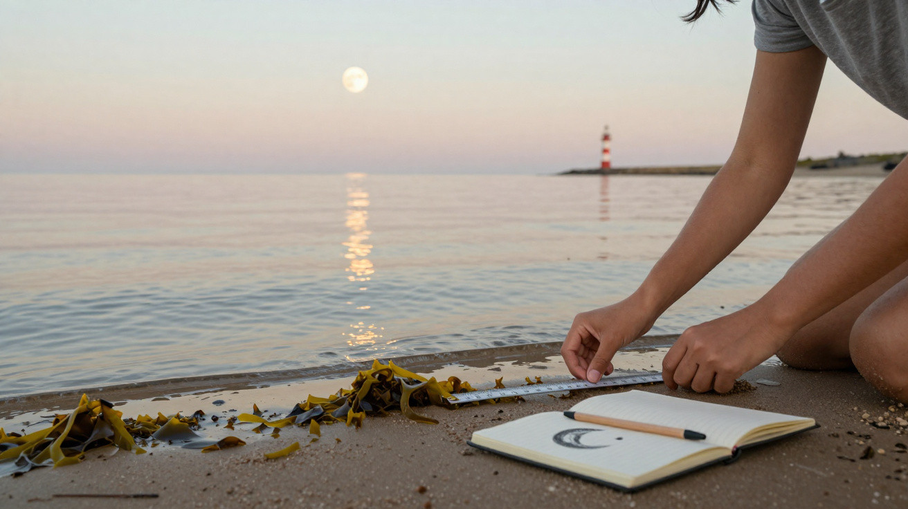 Pessoa medindo algas na praia ao pôr do sol com caderno aberto e lápis sobre a areia.