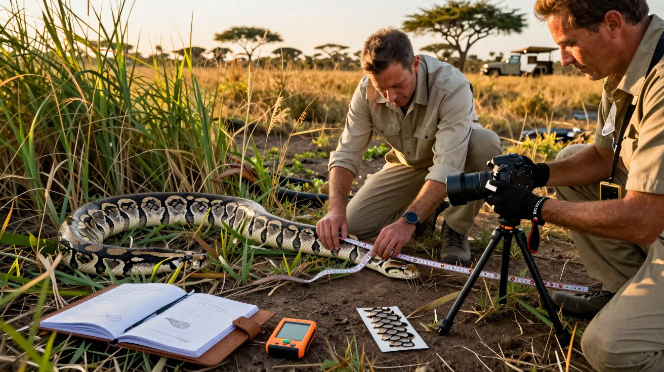 Dois pesquisadores medem uma cobra grande no campo durante o pôr do sol com equipamentos de pesquisa ao redor.