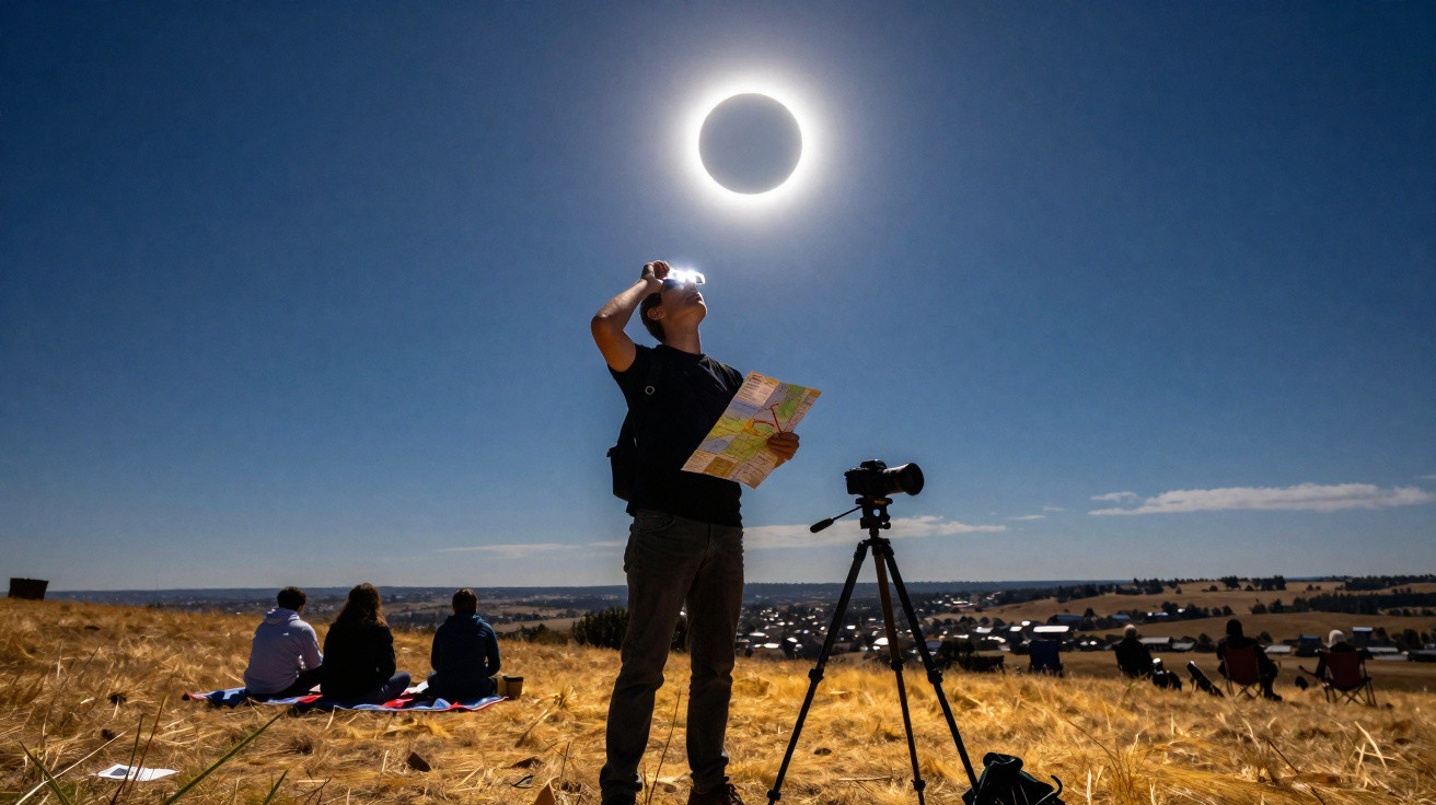 Pessoa observando eclipse solar total com mapa na mão em campo aberto, outras pessoas sentadas no chão ao fundo.