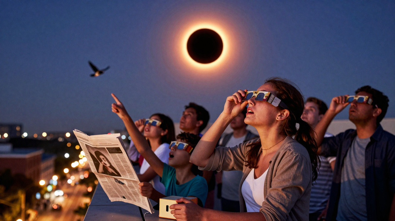 Grupo de pessoas usando óculos especiais observando eclipse solar total durante o crepúsculo.