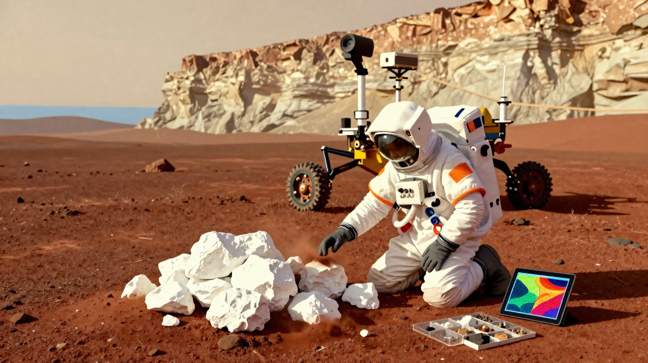 Astronauta em traje espacial examinando pedras brancas em solo vermelho de Marte, com rover e tablet ao fundo.