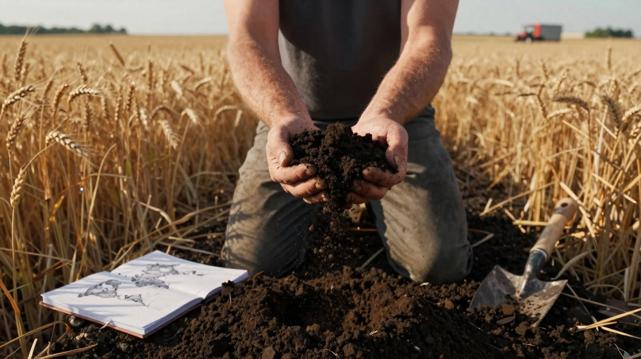 Homem segurando terra fértil ajoelhado em campo de trigo maduro com caderno e pá ao lado.