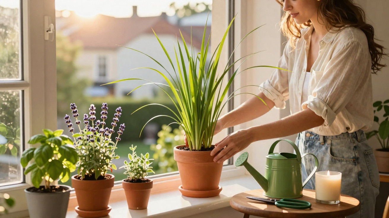 Mulher cuidando de plantas em vasos na janela iluminada pelo sol da manhã.