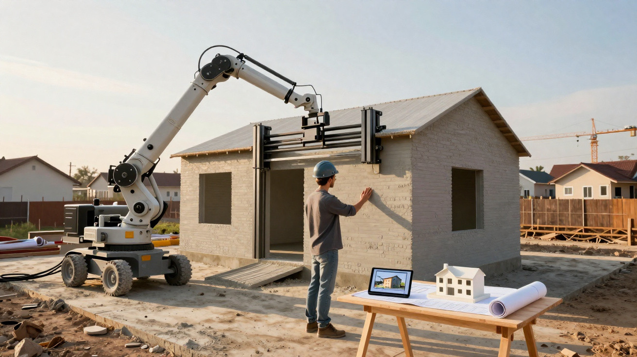 Homem com capacete instala parede de casa com impressora 3D grande em canteiro de obras residential.