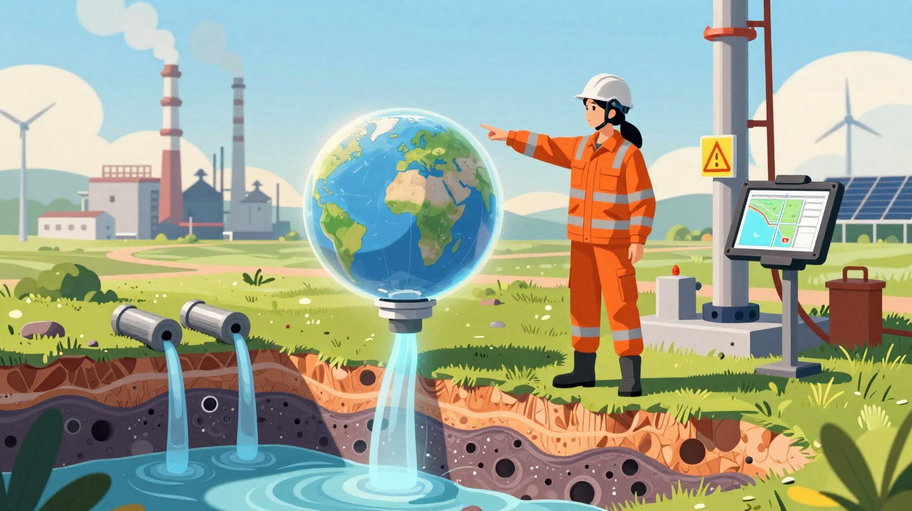 Engenheira em uniforme observa globo terrestre sustentável entre poluição industrial e energia renovável no campo.