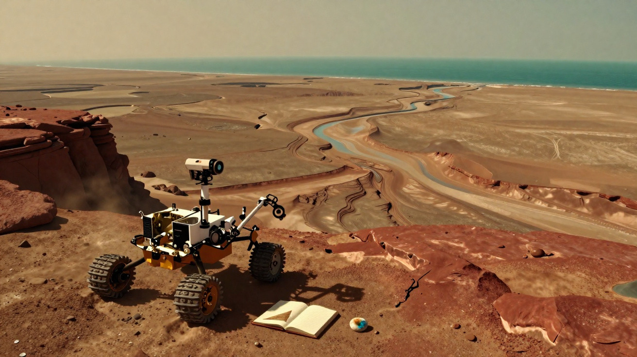 Rover explorando paisagem árida com livro aberto e esfera colorida perto à beira de cânion.