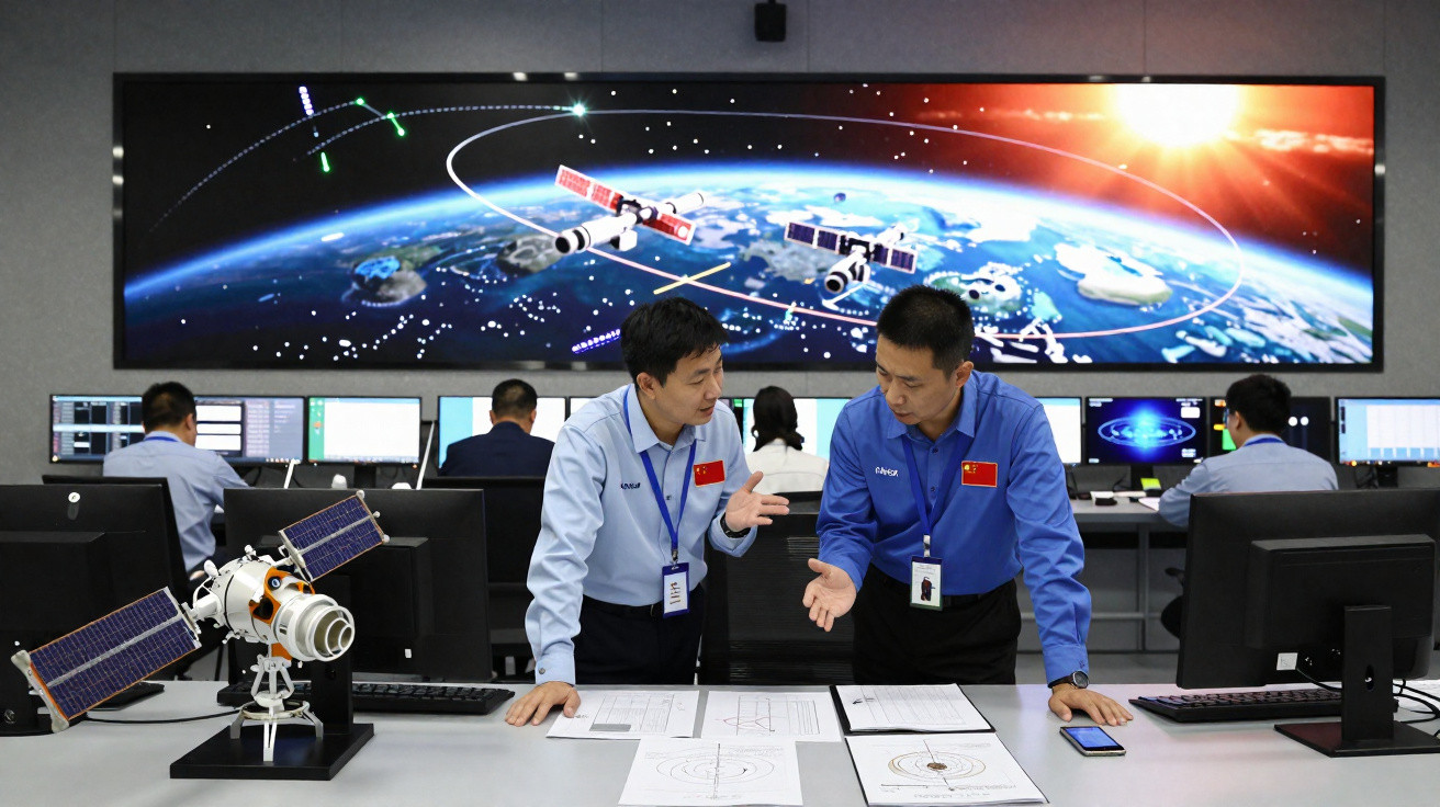 Dois engenheiros discutem planos em centro de controle espacial com modelos de satélites e telão ilustrando órbita da Terra.