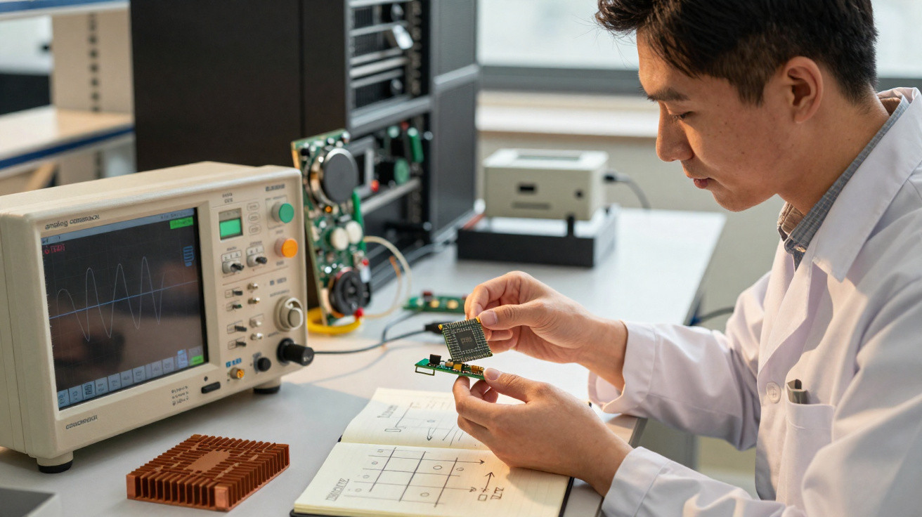 Engenheiro eletrônico analisa chip enquanto osciloscópio exibe onda senoidal no laboratório.