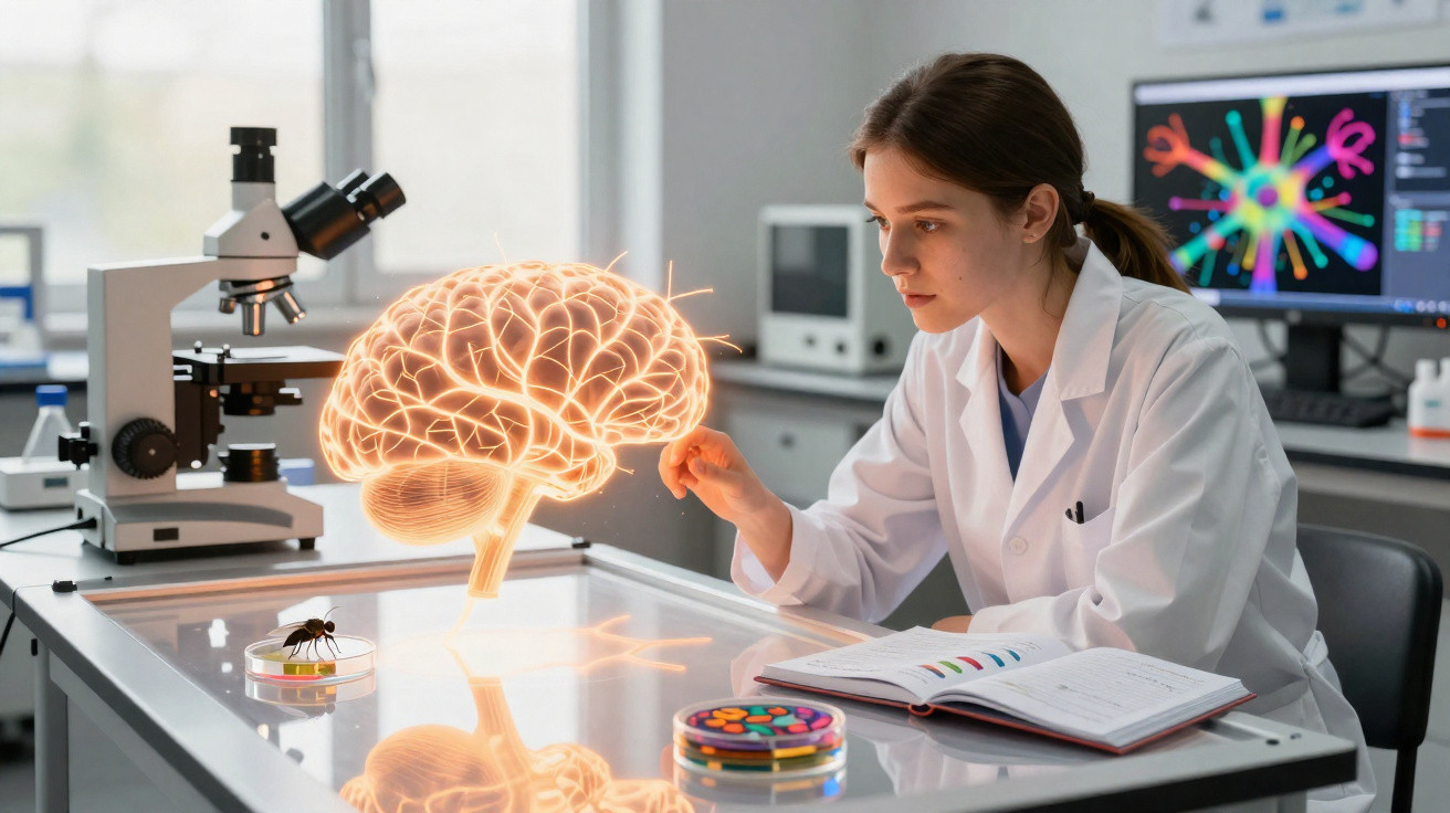 Mulher cientista em laboratório interage com holograma de cérebro ao lado de microscópio e livros abertos.