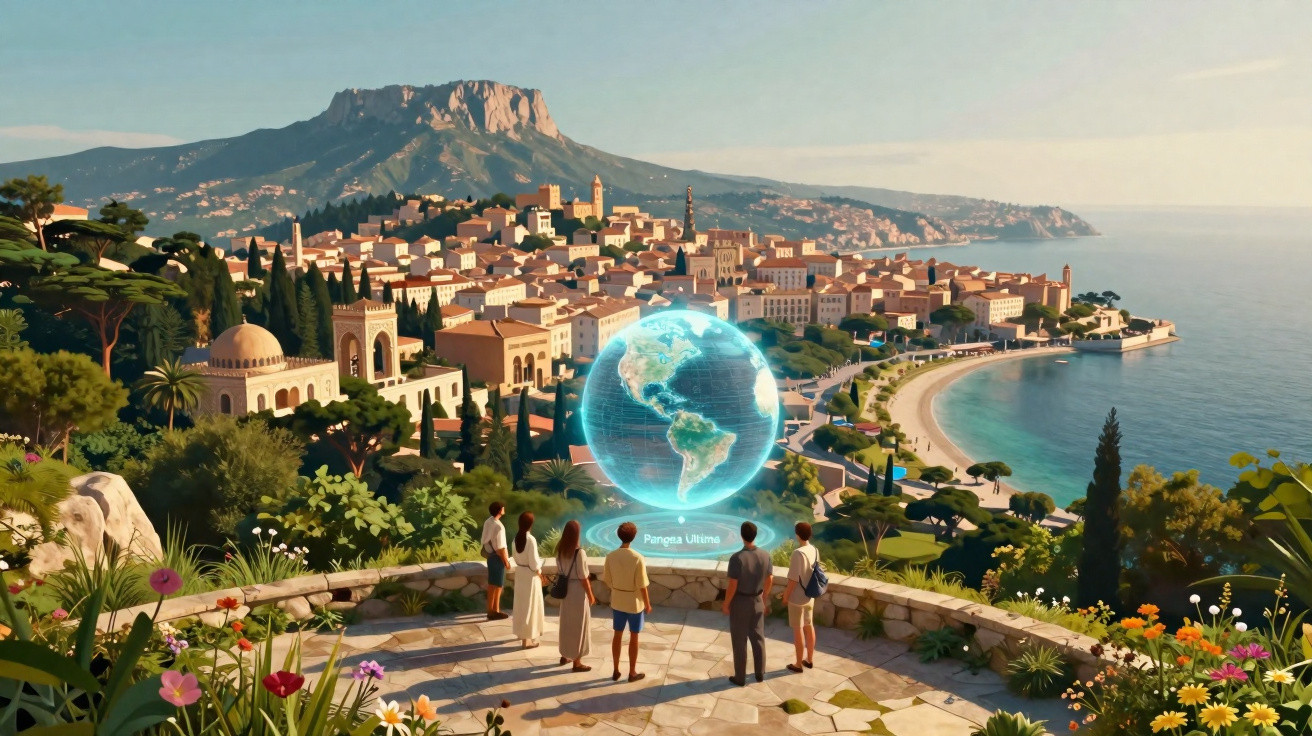 Pessoas observando um holograma do globo terrestre em mirante com vista para cidade costeira e mar.