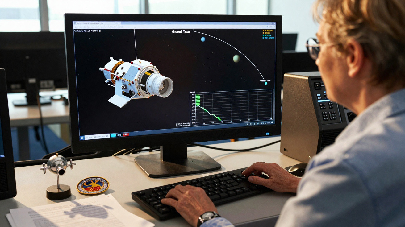 Pessoa usando computador para estudar modelo 3D de satélite e trajetórias espaciais em escritório.