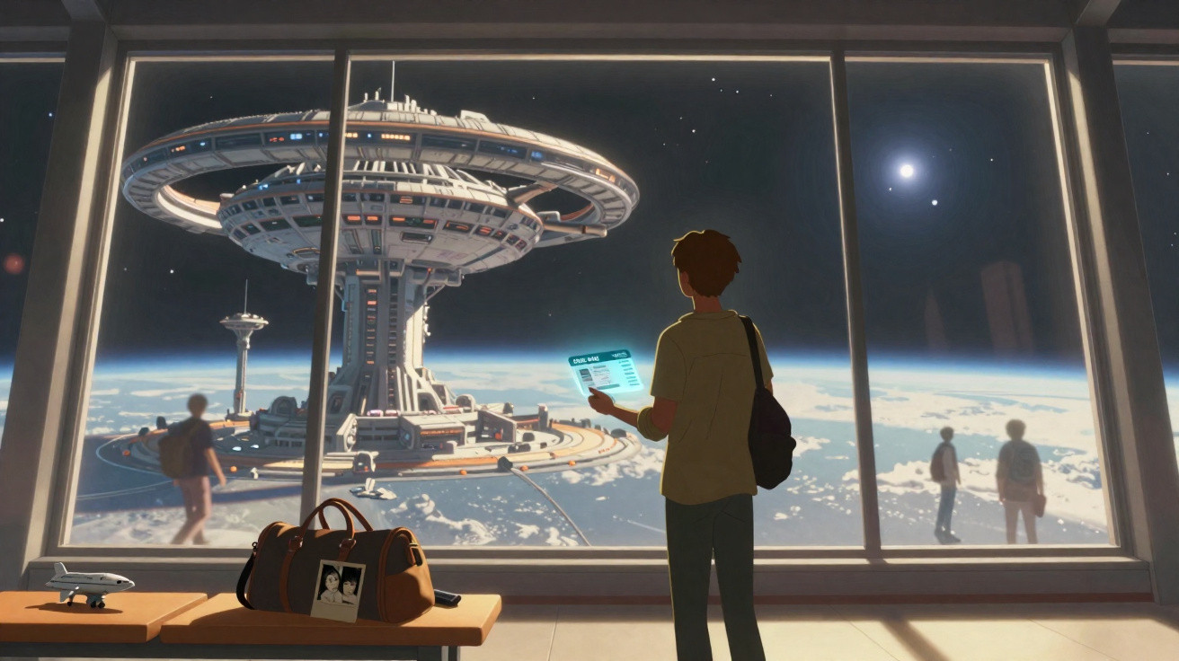 Pessoa observa estação espacial futurista em órbita da Terra através de grande janela panorâmica.