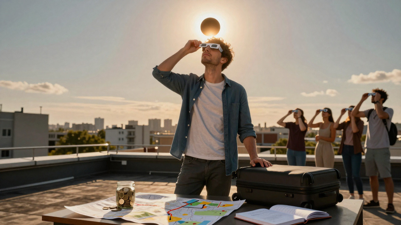 Homem usando óculos especiais observa eclipse solar no terraço com grupo ao fundo e mapa na mesa.
