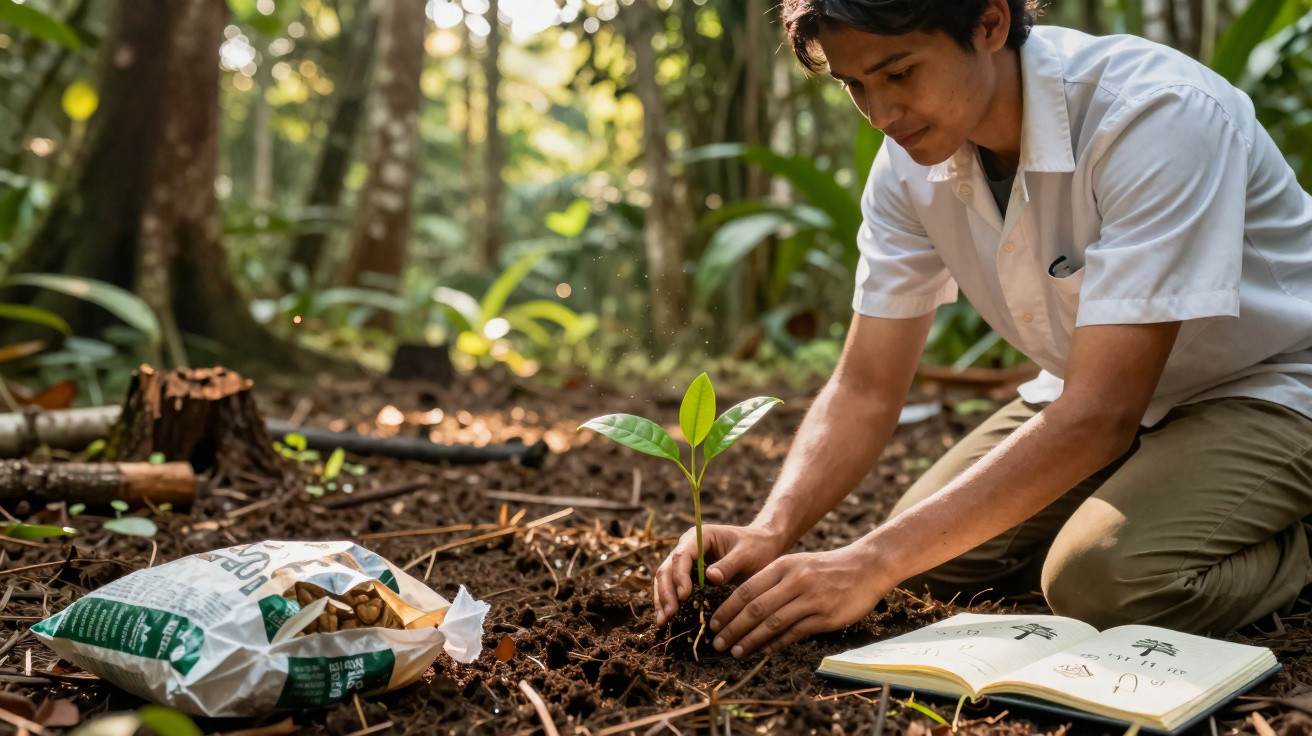 Jovem planta muda em solo de floresta enquanto consulta caderno aberto ao lado.