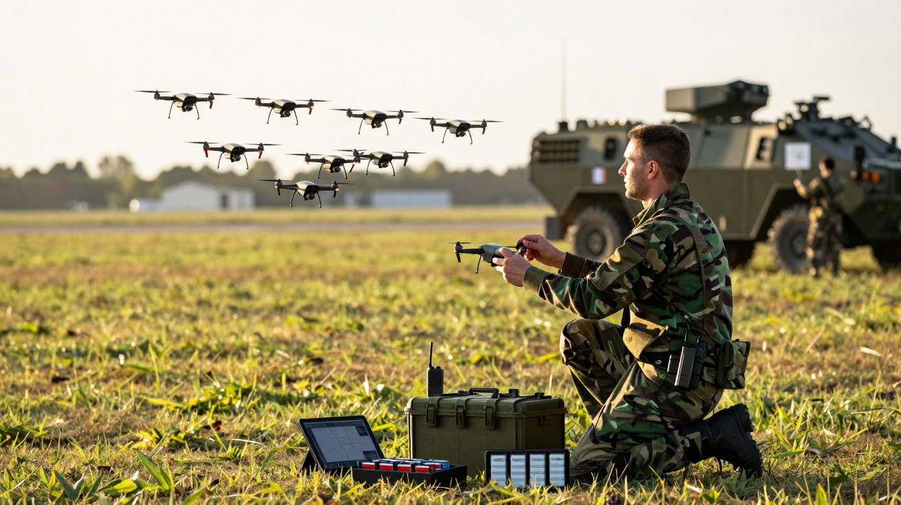 Soldado operando drones militares em campo aberto com veículo blindado ao fundo.