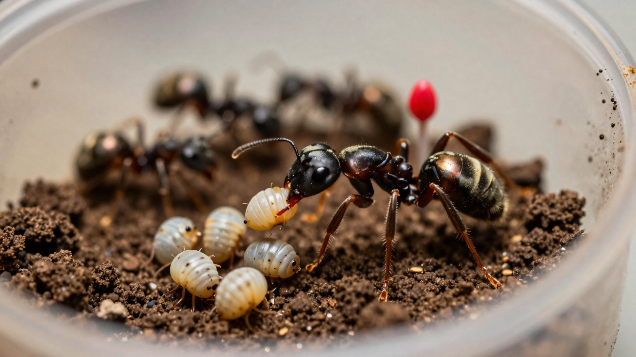 Formiga carregando larva branca em solo dentro de recipiente transparente, com outras formigas ao fundo.