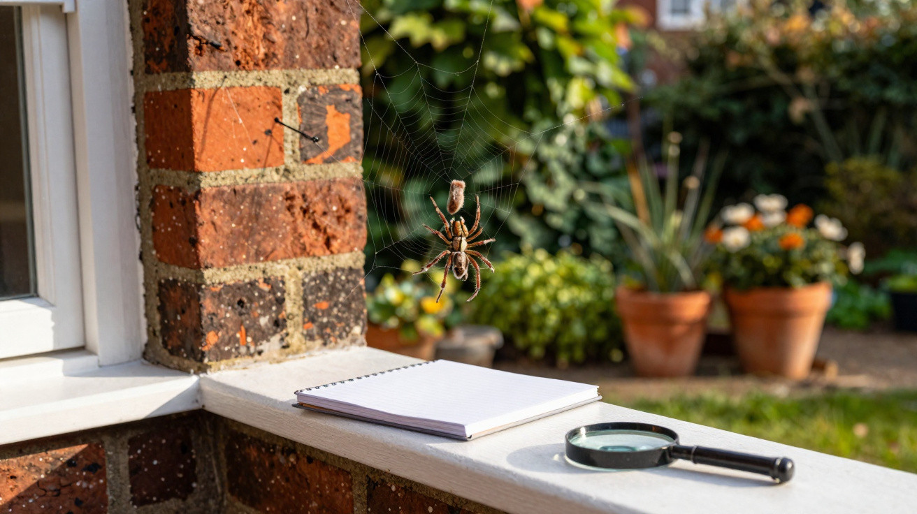 Aranha pendurada em teia próxima a uma parede de tijolos, com lupa e caderno sobre parapeito.