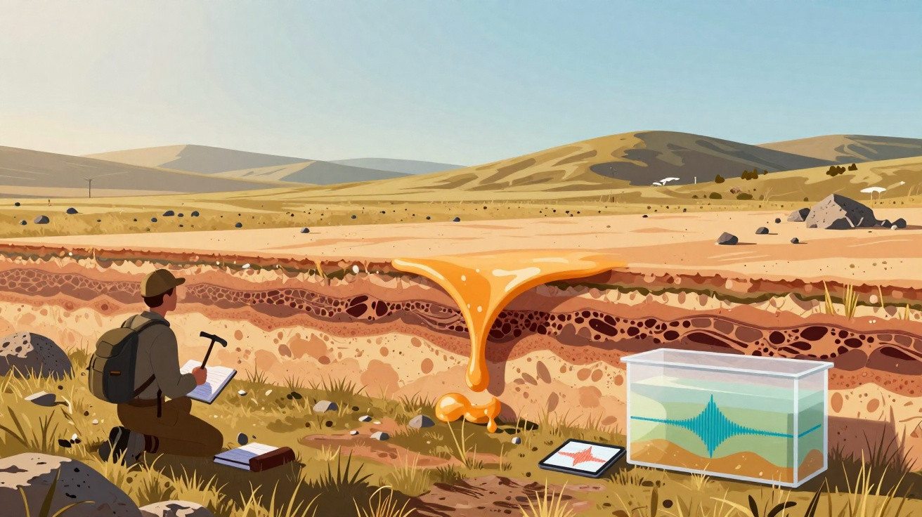 Ilustração de cientista estudando vazamento de petróleo em campo aberto com aparato de monitoramento.