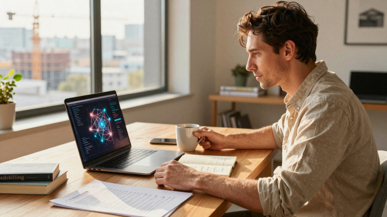 Homem jovem sentado à mesa, olhando para laptop com gráficos enquanto segura uma caneca em ambiente iluminado.