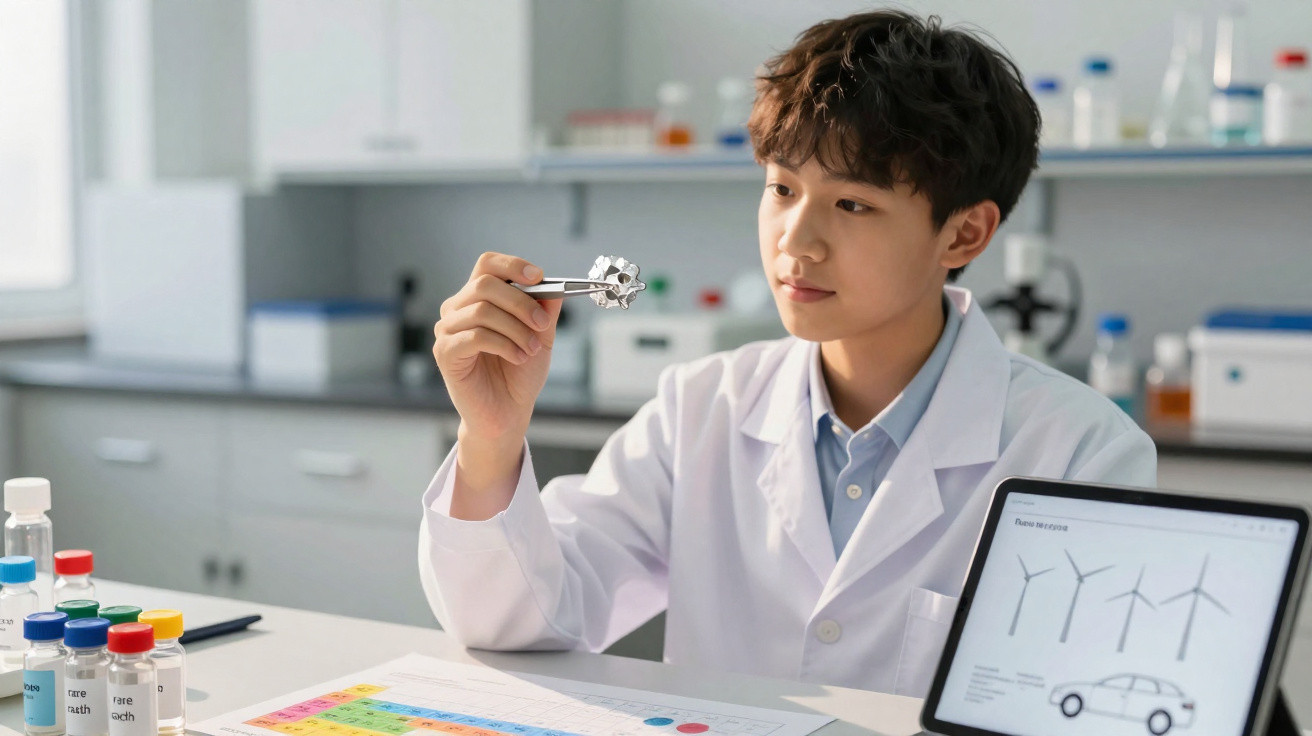 Jovem cientista em laboratório segurando componente de turbina eólica com laptop aberto exibindo desenhos de aerogeradores.