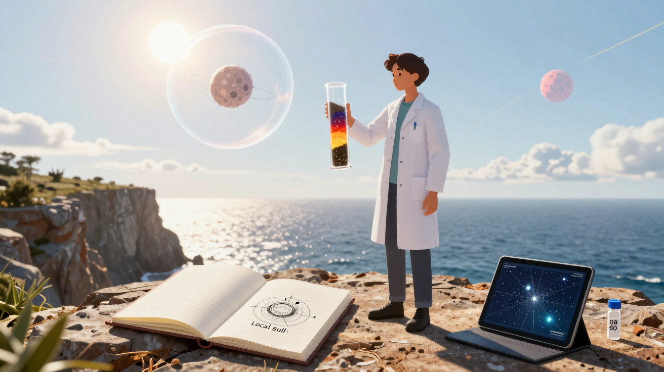 Pessoa com jaleco branco segura tubo de ensaio colorido em penhasco com mar, livro aberto e tablet mostrando estrelas.