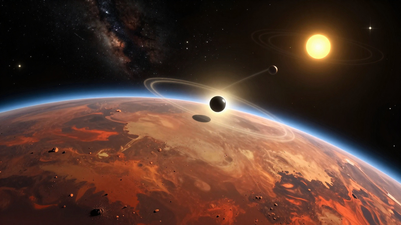 Planeta vermelho com luas orbitando e estrela brilhante ao fundo no espaço sideral.