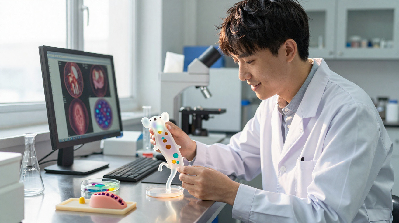 Pesquisador em laboratório segurando modelo de rato para estudo, com microscópio e imagens celulares no computador.
