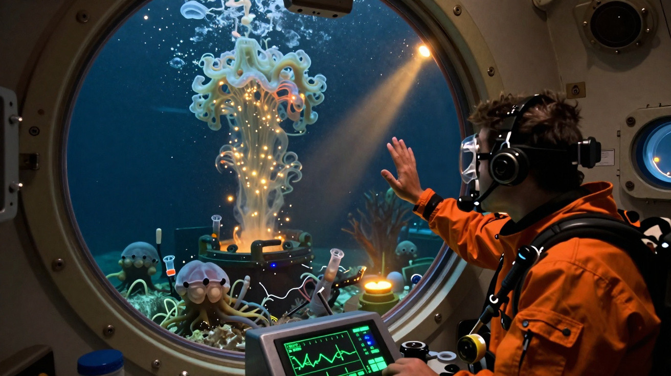 Pessoa com roupa laranja olha e interage com criaturas marinhas bioluminescentes vista por janela de submarino.