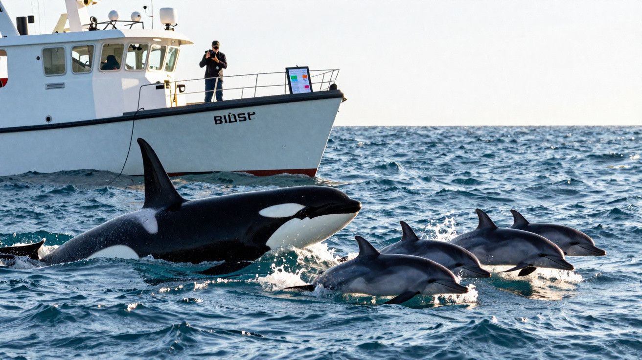 Orca e três golfinhos nadando próximos a um barco com pessoa tirando fotos no oceano.