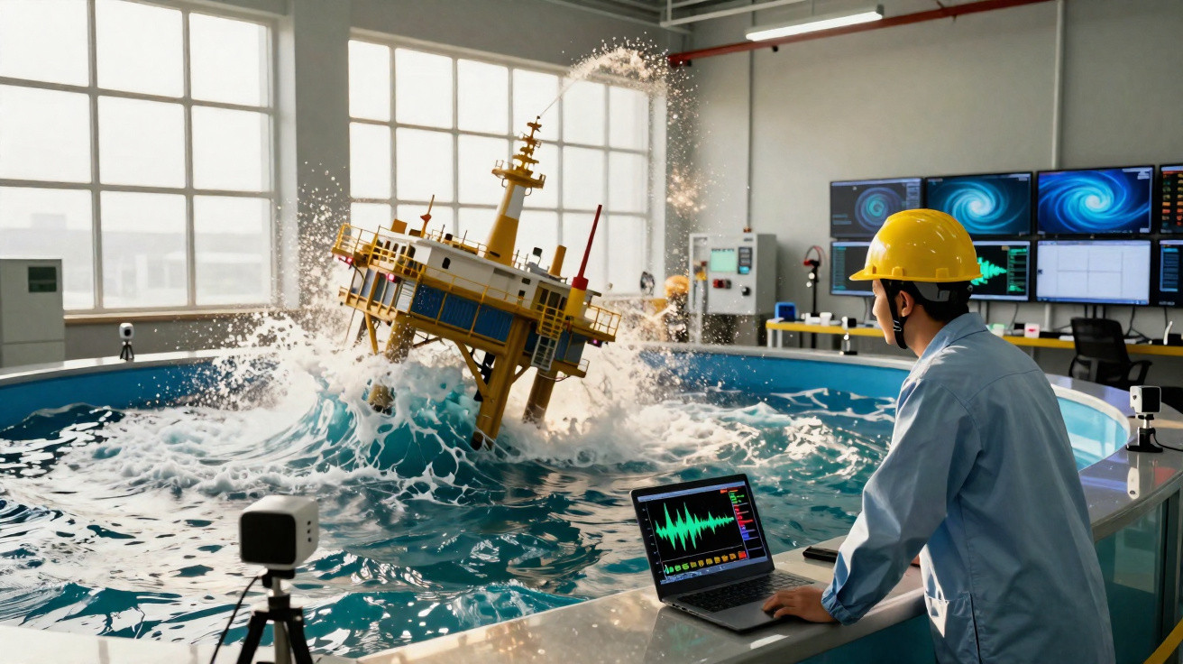 Engenheiro com capacete observa simulação de ondas em plataforma offshore em tanque de água controlado por computador.