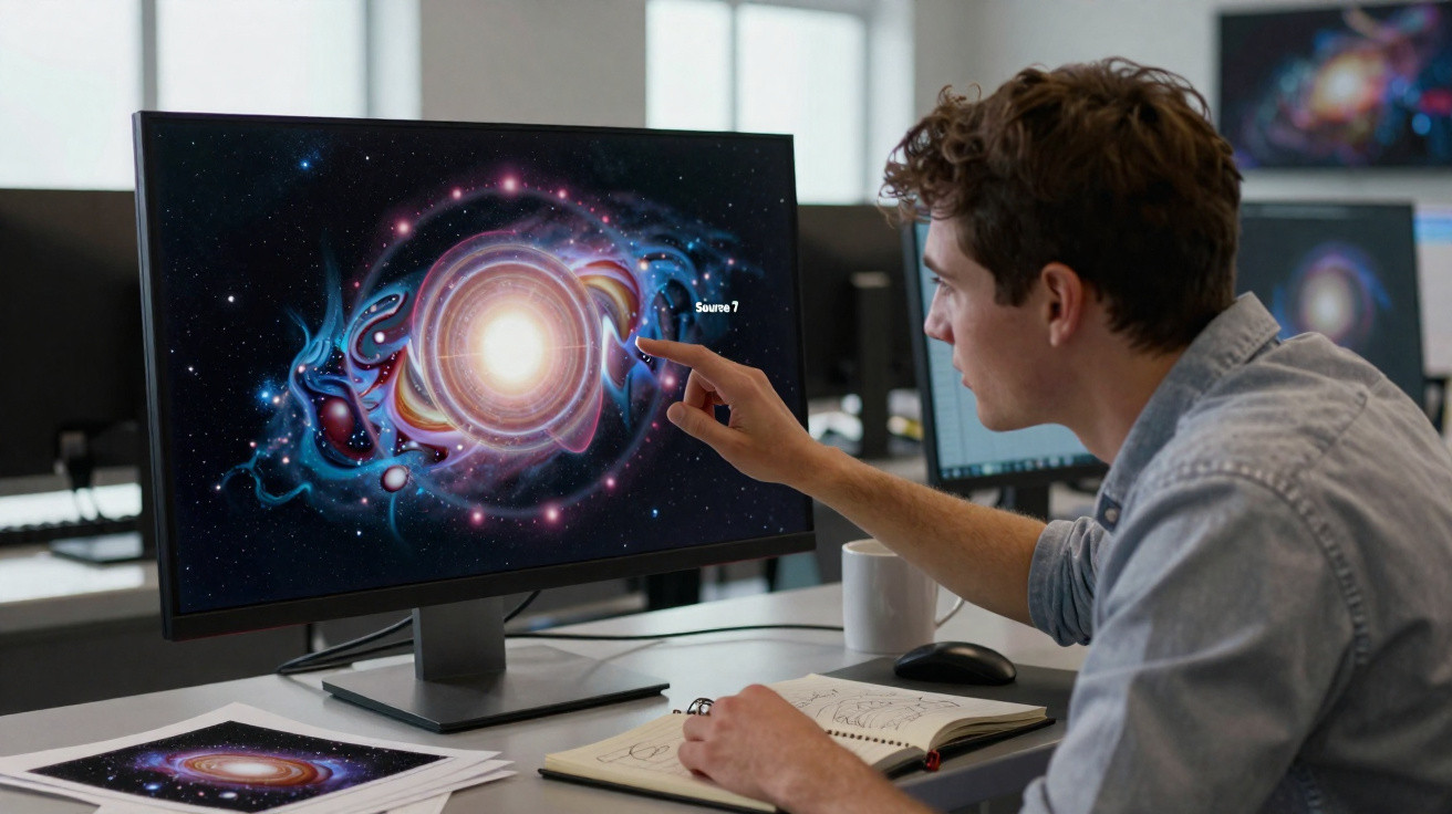 Jovem com camisa azul interage com imagem de galáxia no monitor enquanto estuda em escritório moderno.