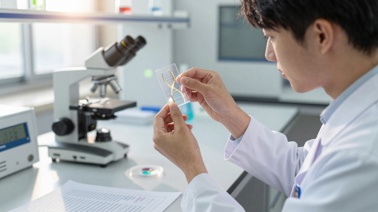 Cientista analisando amostra com representação de DNA em laboratório com microscópio ao fundo.