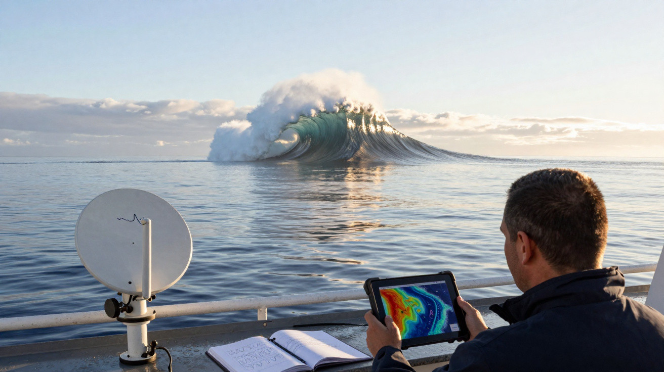 Pesquisador em barco analisa dados em tablet com onda grande se formando ao fundo no mar calmo.