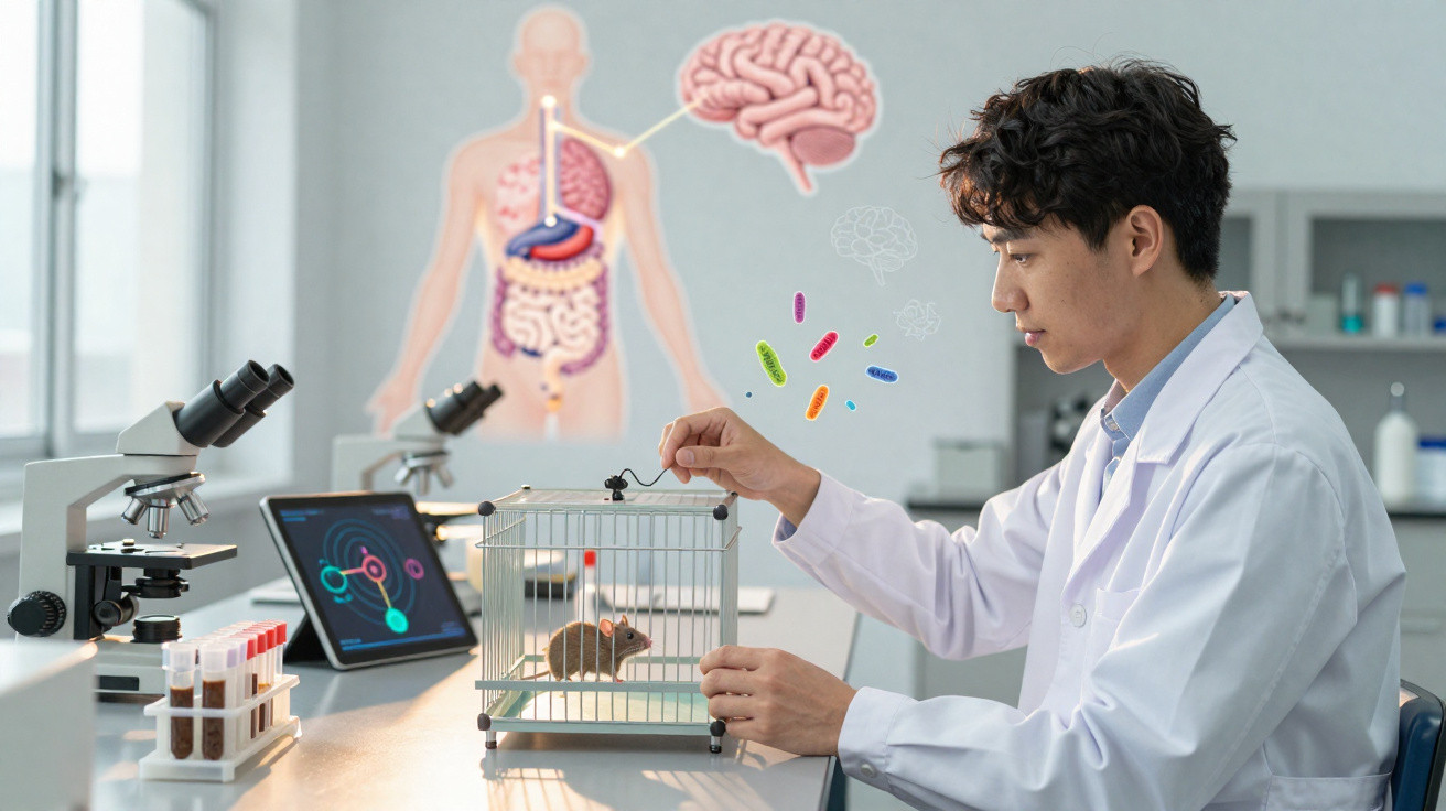 Pesquisador em laboratório com jaleco observa rato em gaiola para estudo científico.