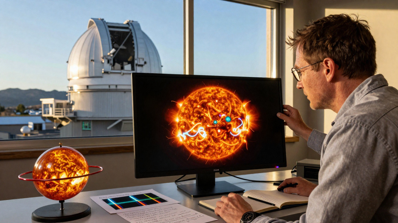 Homem observa modelo 3D do sol na tela do computador em laboratório com observatório ao fundo.