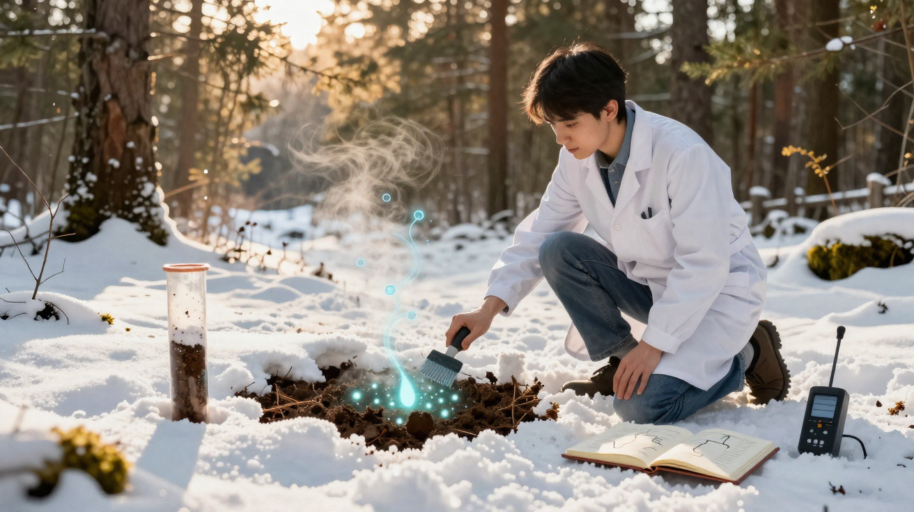 Jovem cientista coleta amostra de solo no inverno, com neve ao redor e equipamentos de pesquisa.