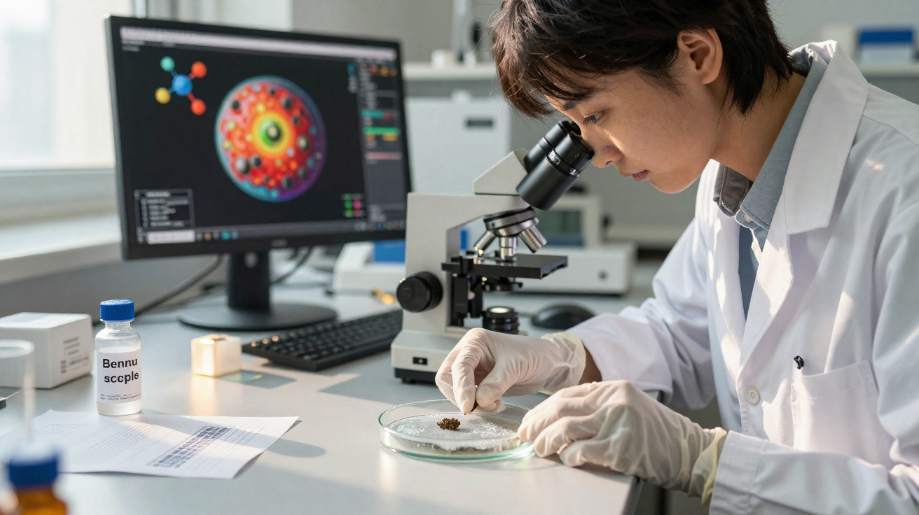 Cientista observa amostra em lâmina de vidro com microscópio em laboratório moderno.
