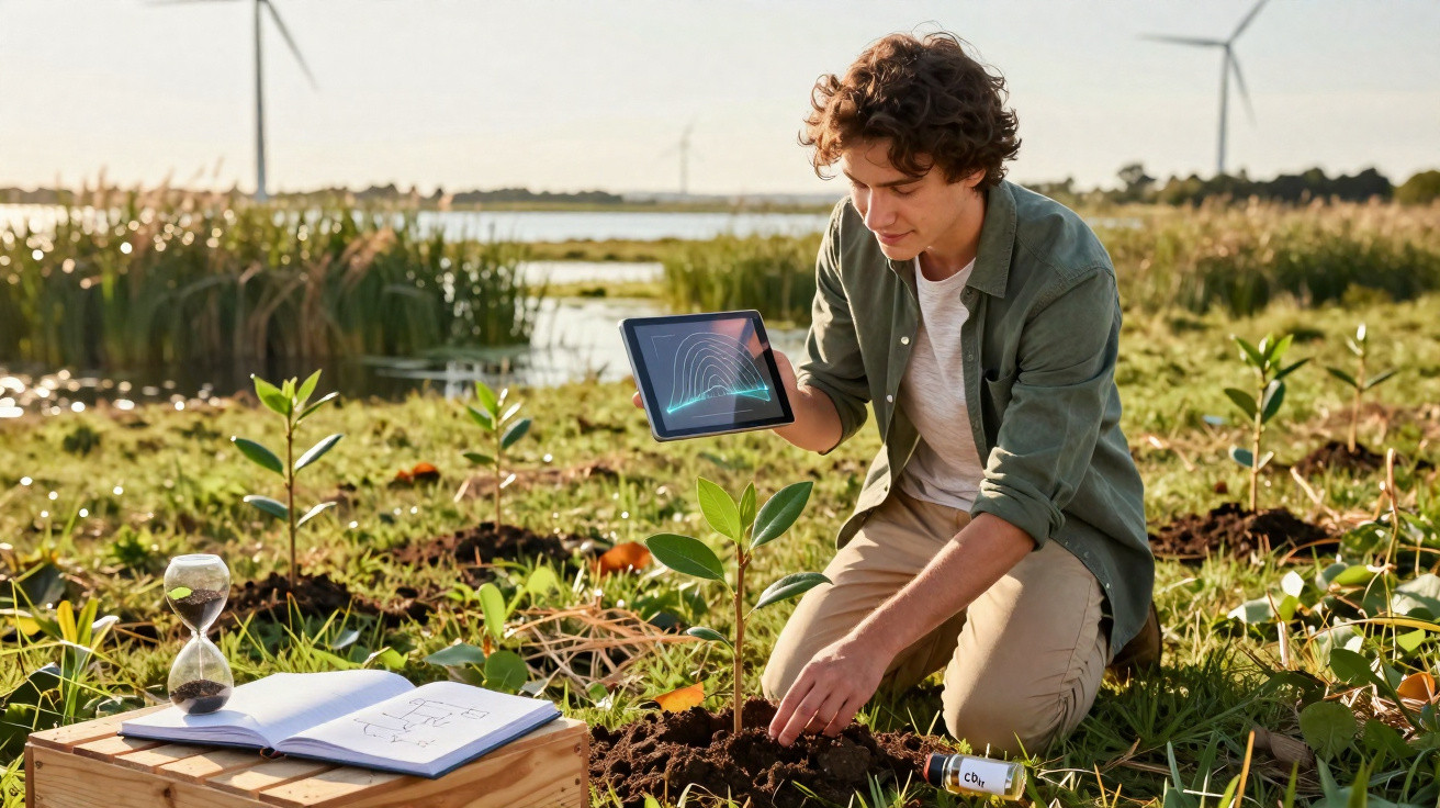 Jovem observando planta enquanto segura tablet, com turbinas eólicas e lago ao fundo em área verde.