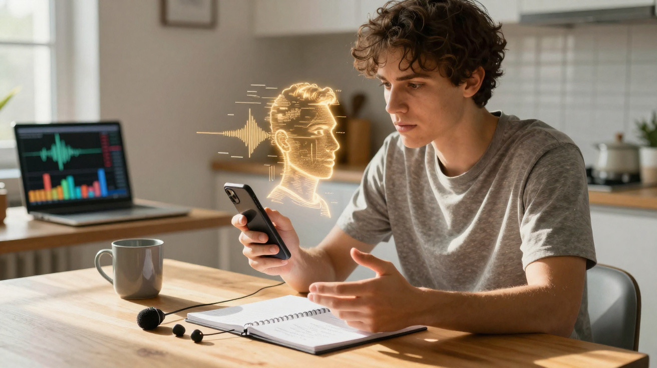 Jovem usando smartphone para reconhecimento facial com holograma digital ao lado, sentado à mesa com caderno aberto.