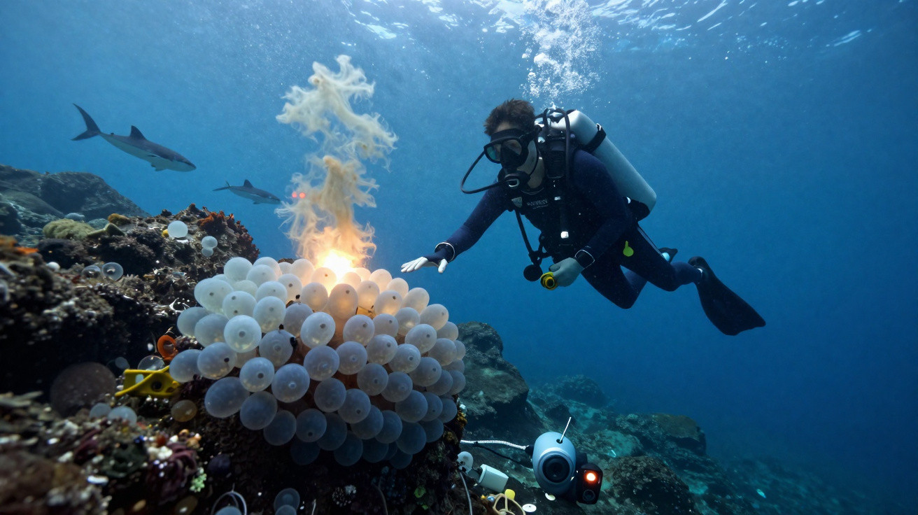Mergulhador observa formação de ovos luminosos no fundo do mar com tubarões ao fundo.