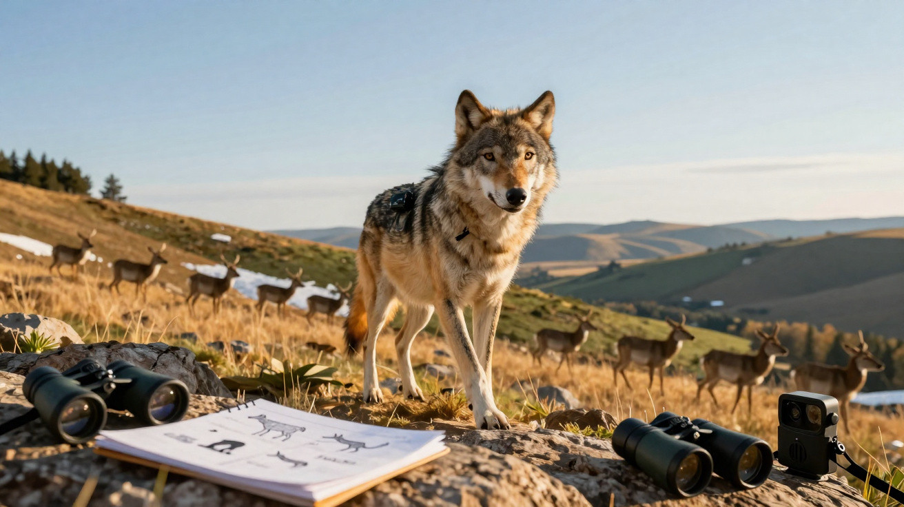 Lobo cinzento em campo aberto com cervos ao fundo, binóculos, câmera e caderno de anotações em primeiro plano.