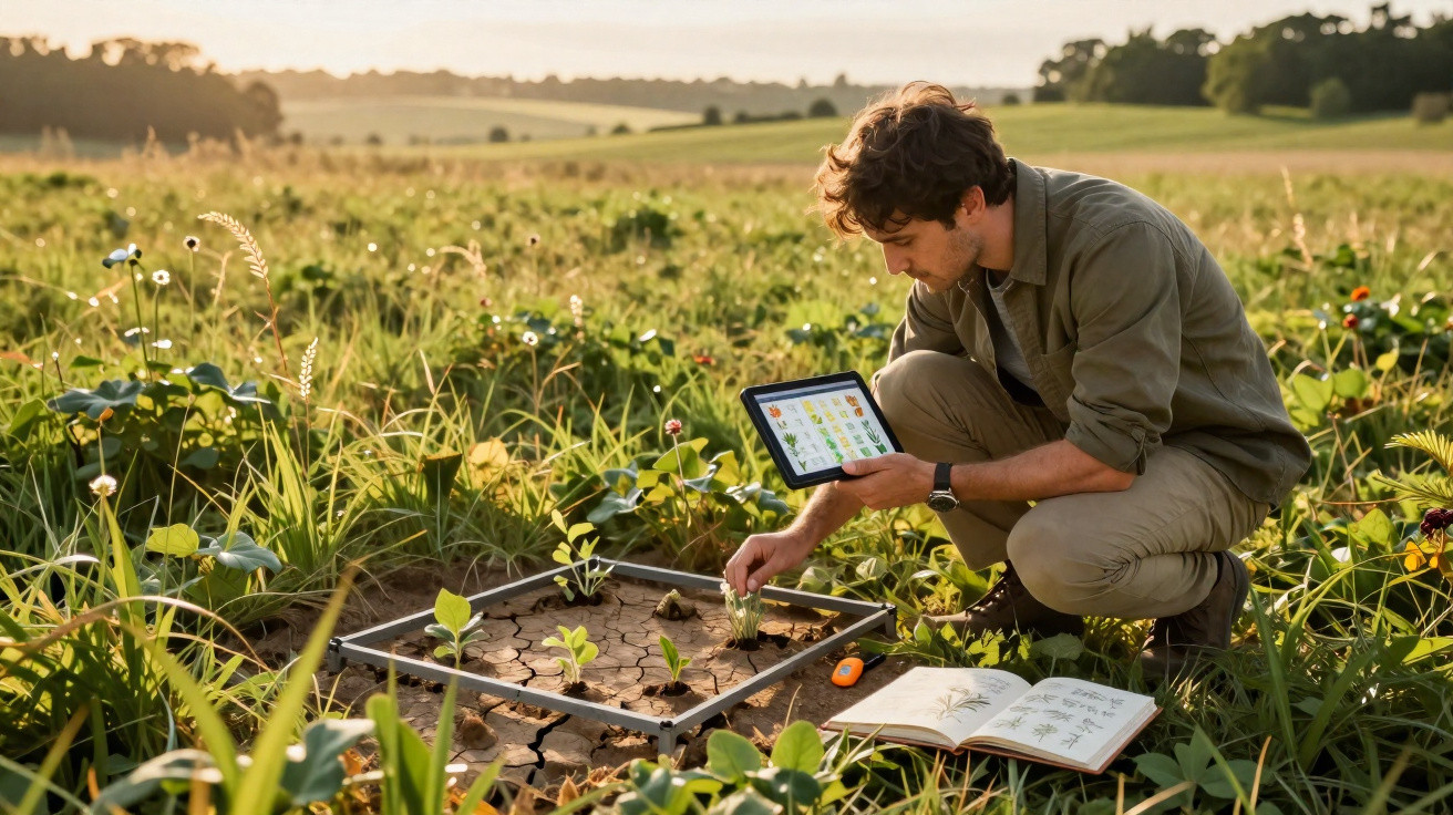 Pesquisador analisa plantas jovens em solo seco usando tablet e livro em campo aberto ao pôr do sol.