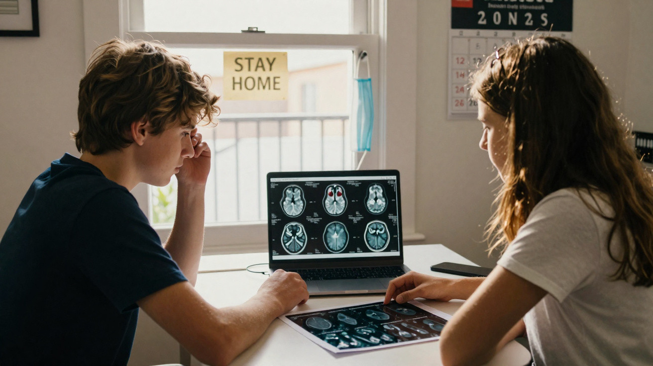 Dois jovens analisam imagens de ressonância magnética cerebral em computador e filme, em sala com aviso "Stay Home".