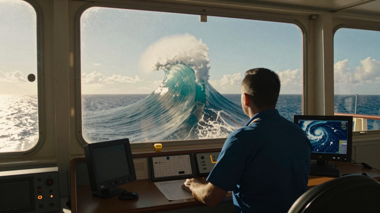 Homem observa onda gigante incomum pelo vidro da cabine de controle de um navio em alto mar.