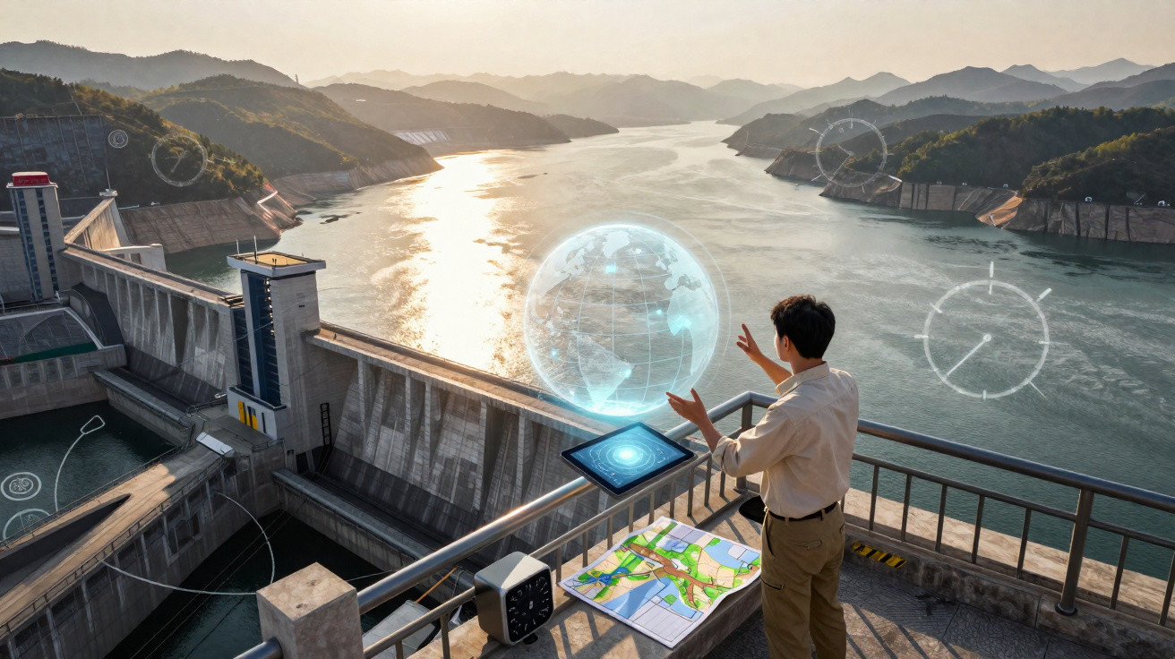 Homem em plataforma observa e interage com holograma de globo sobre barragem ao pôr do sol em área montanhosa.