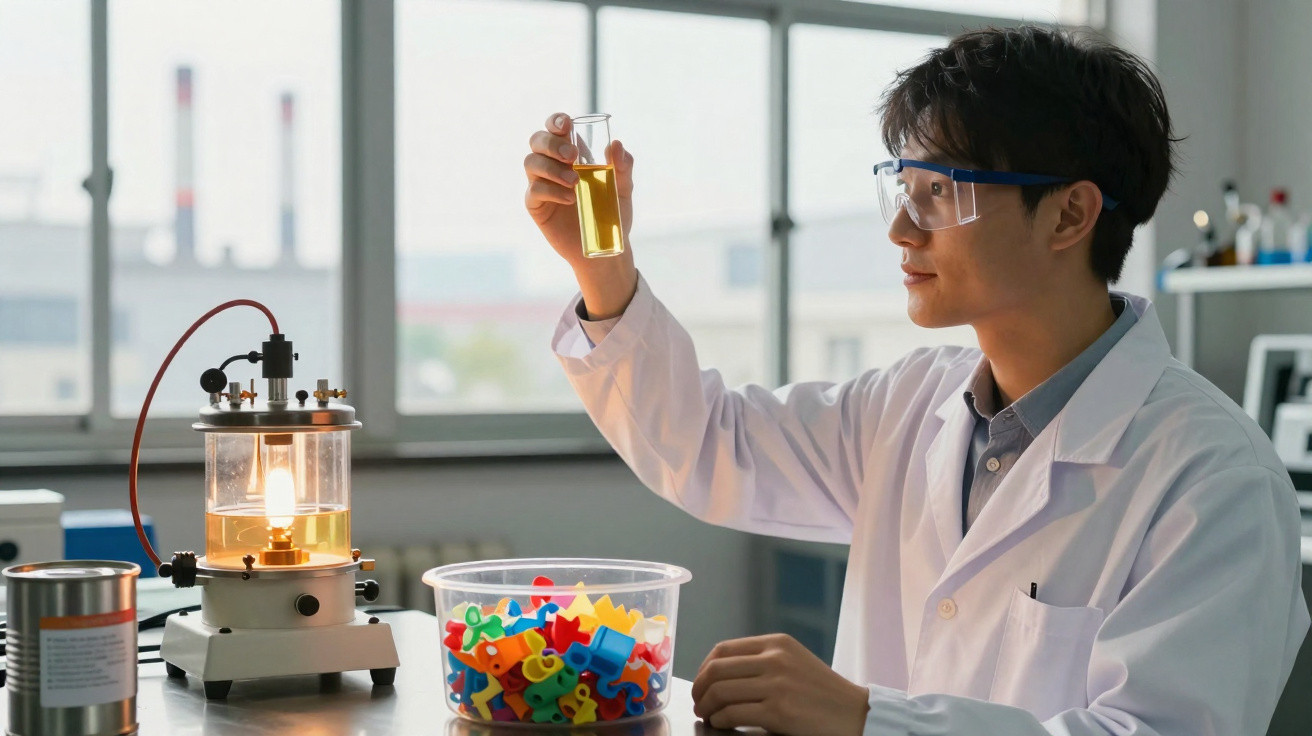 Cientista observa líquido amarelo em tubo de ensaio em laboratório com equipamento e recipiente colorido.